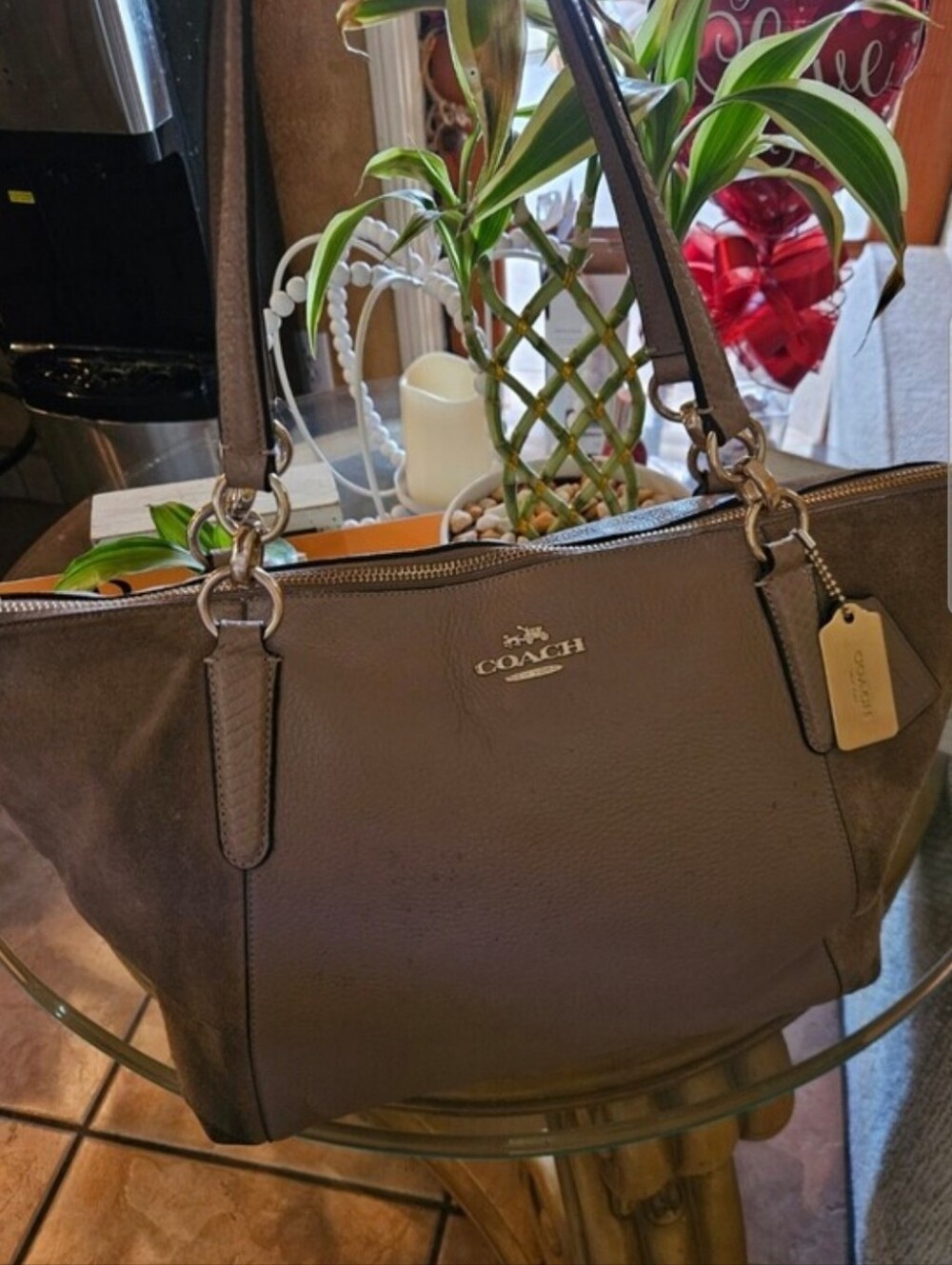 Coach Beige Taupe Genuine Leather & Suede Tote Bag with Gold Hangtag - Picture 6 of 6